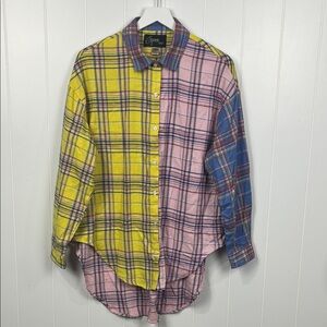 Spoon Jeans Womens Flannel Shirt M Pink Yellow Plaid Button Down Hi-Lo Patchwork